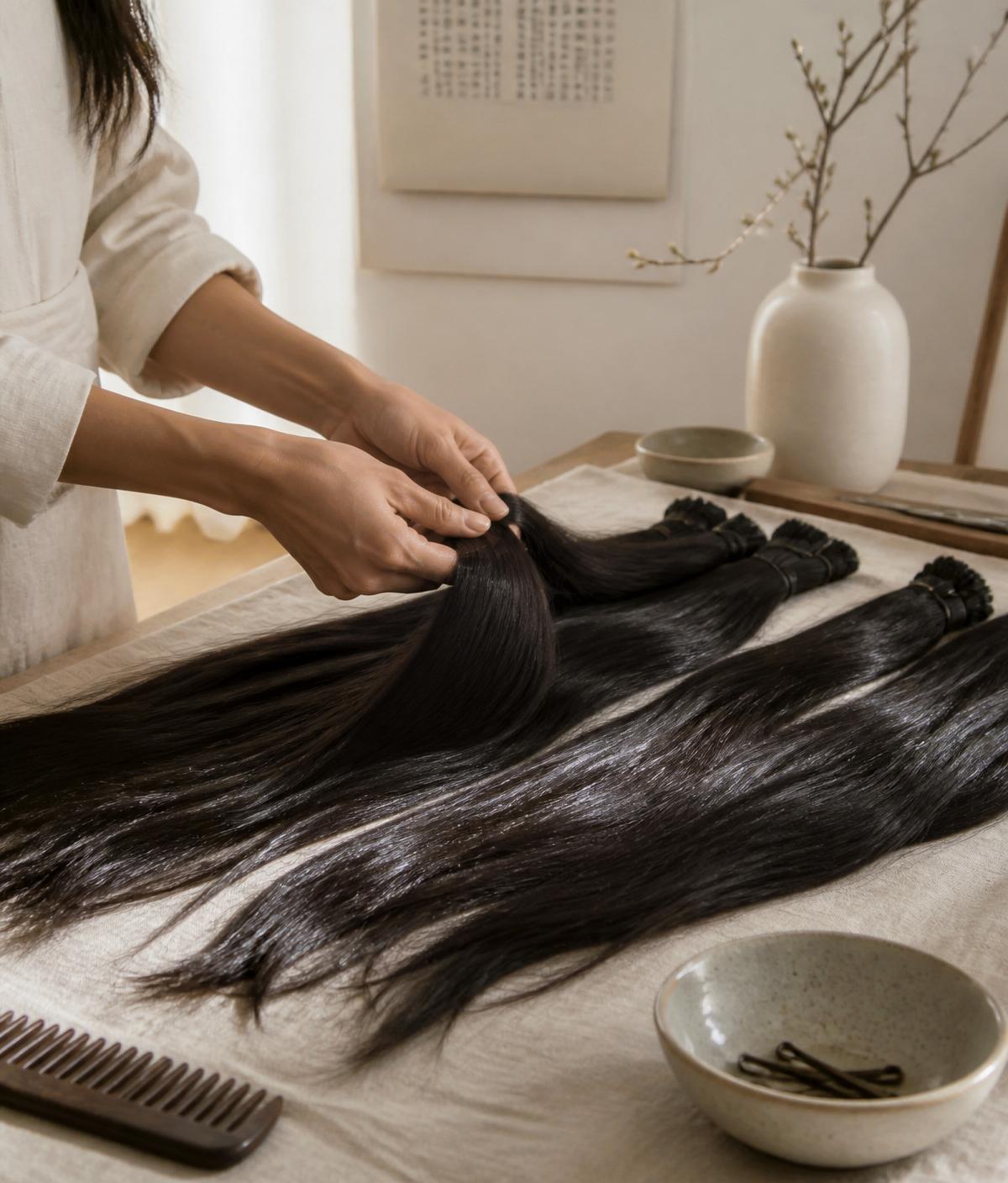 Seleção manual de cabelo humano no atelier MAELCA